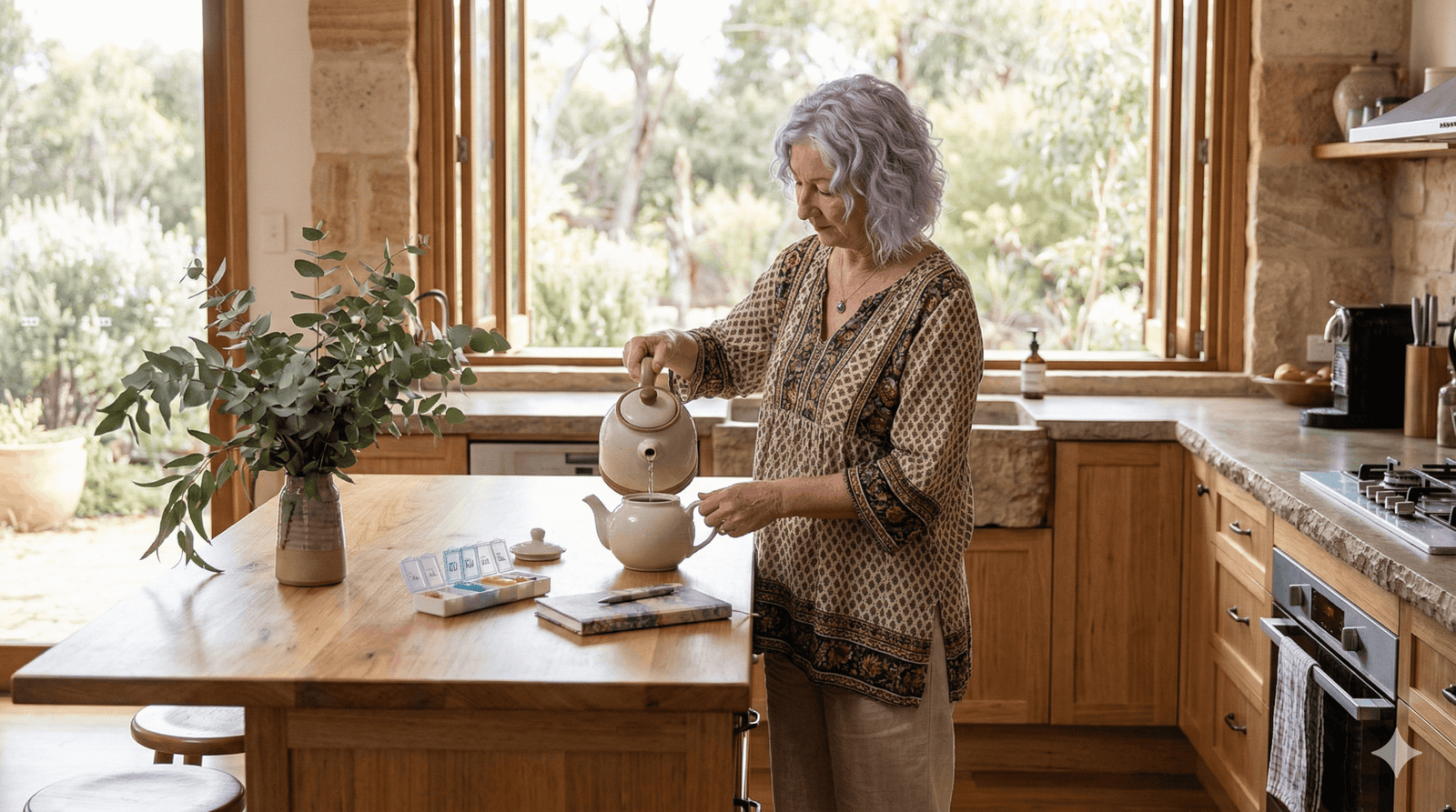 Leonie providing private in-home support by preparing tea and supporting a calm medication routine in a client’s kitchen in South East Queensland.