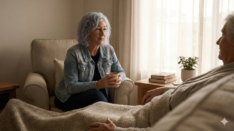 Leonie providing calm palliative comfort support at home, offering quiet companionship and reassurance to a client in a private setting.