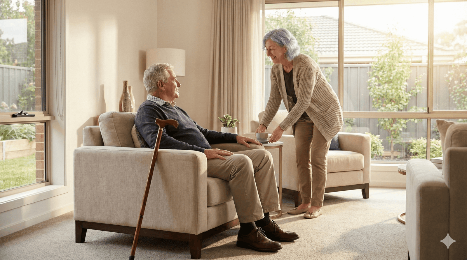 Leonie providing private in-home support for an older client at home, offering calm companionship and day-to-day assistance in South East Queensland.