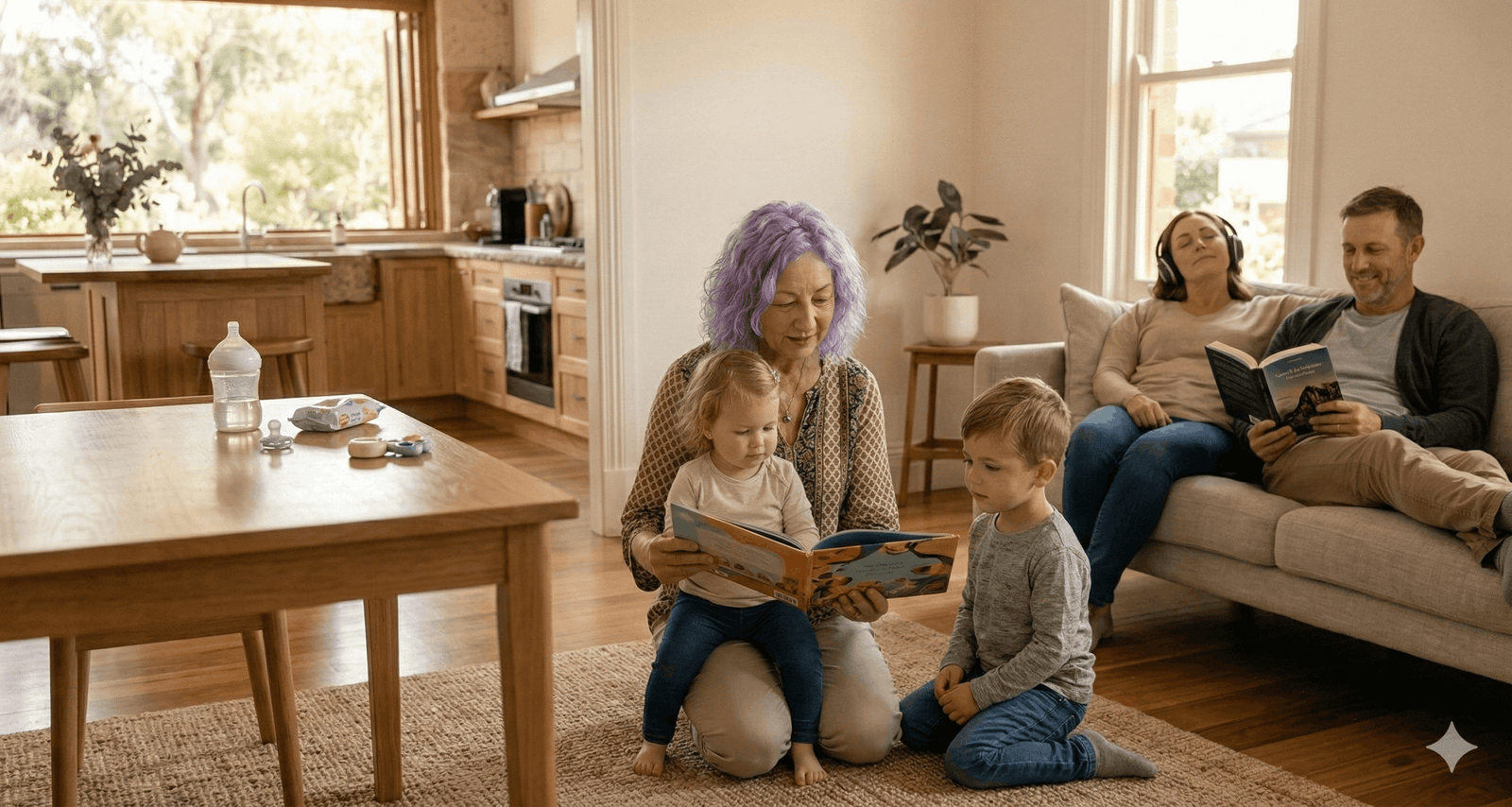 Leonie reading a children’s book with two young children in a family living room while parents relax nearby.