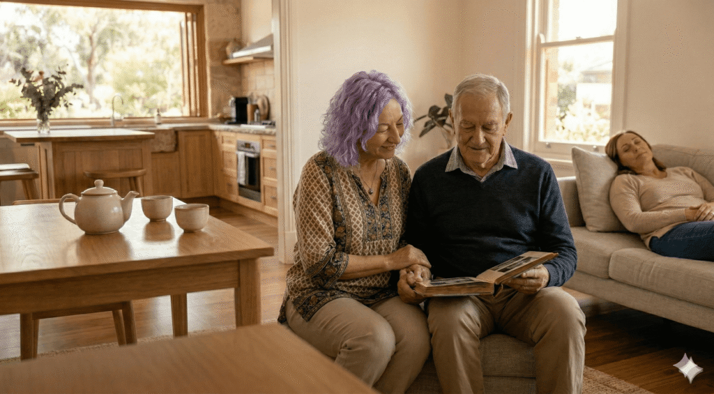 Support worker sitting with an older man on the sofa, reviewing notes together at home.